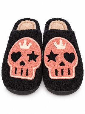 Pink Skull Black Fuzzy Slippers EU 42–43 (M=9-10 & W=10.5-11.5) Goth Punk Unisex